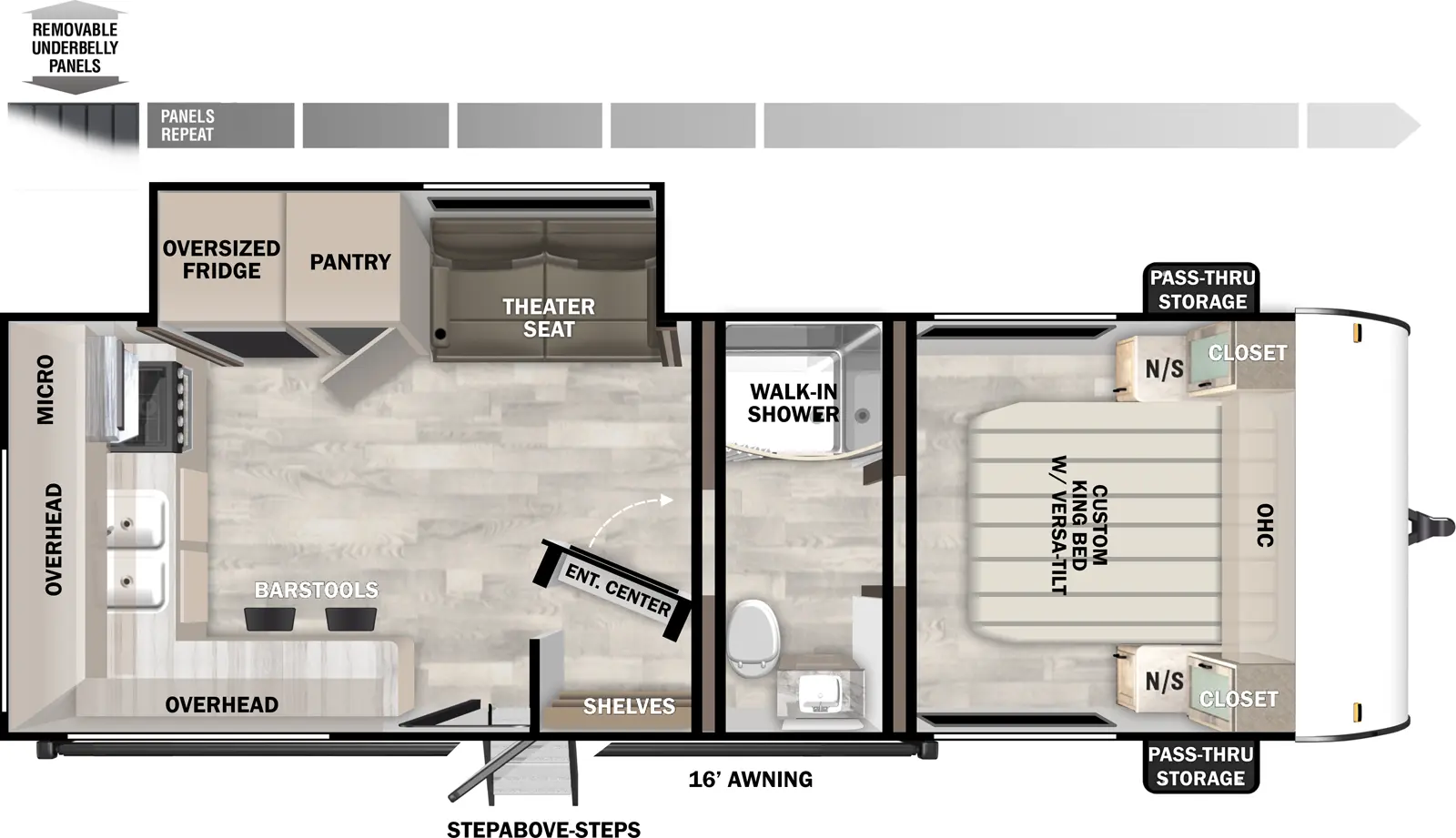 The 22ERAS has one slideout and one entry. Exterior features StepAbove entry steps, 16 foot awning, front pass-thru storage, 200 watt roof-mounted solar panels, and removable underbelly panels. Interior layout front to back: foot-facing versa-tilt custom king bed, overhead cabinet and wardrobes with night stands on each side; pass through split full bathroom with walk-in shower; off-door side slideout with theater seat, pantry, and oversized refrigerator; door side entertainment center with shelves behind; entry door; kitchen counter with barstools on door side wrap to rear wall with overhead cabinets, sink, microwave, and cooktop.